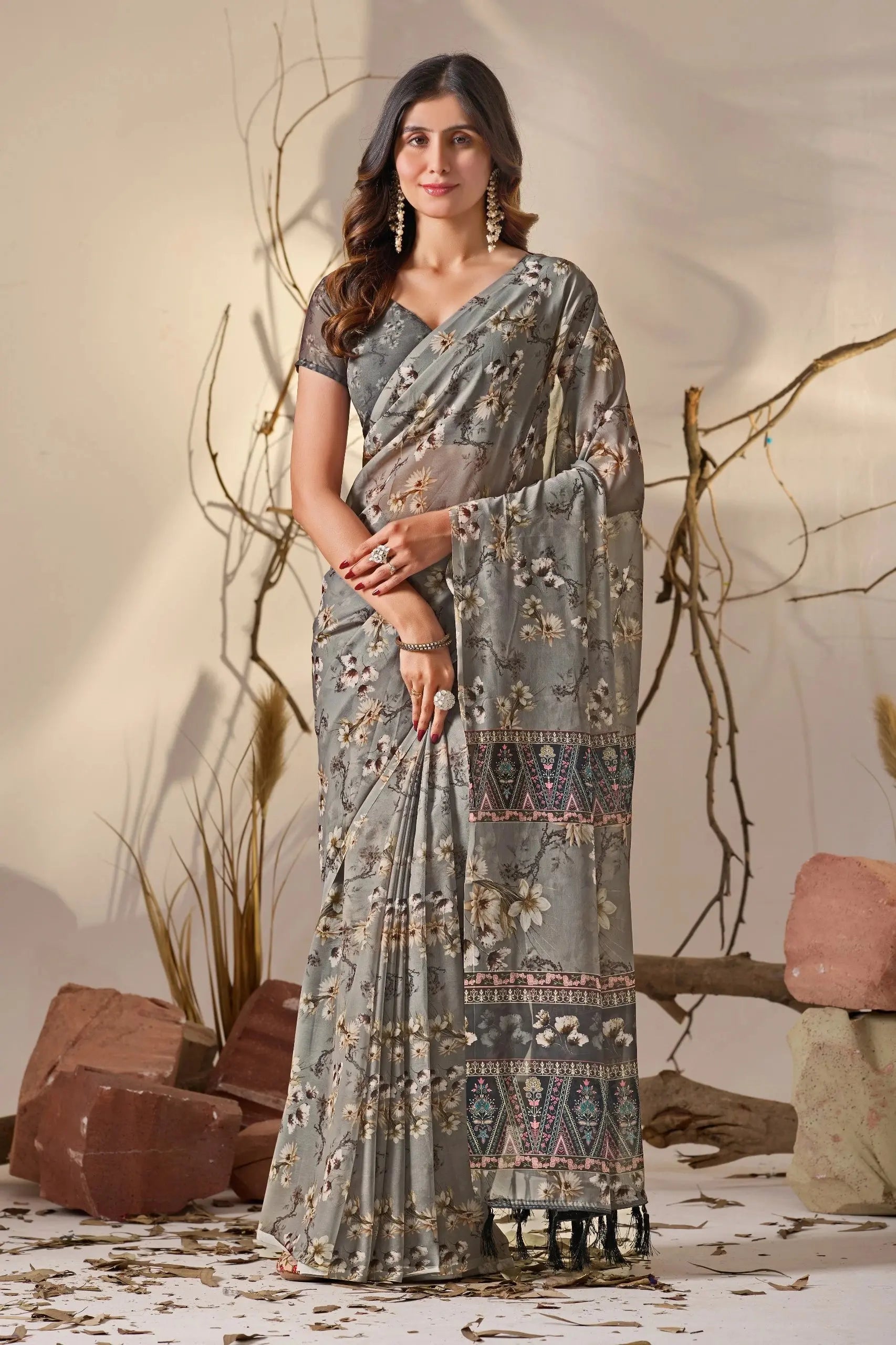 Gray Floral Digital Print Soft Georgette Saree – Kalyanja